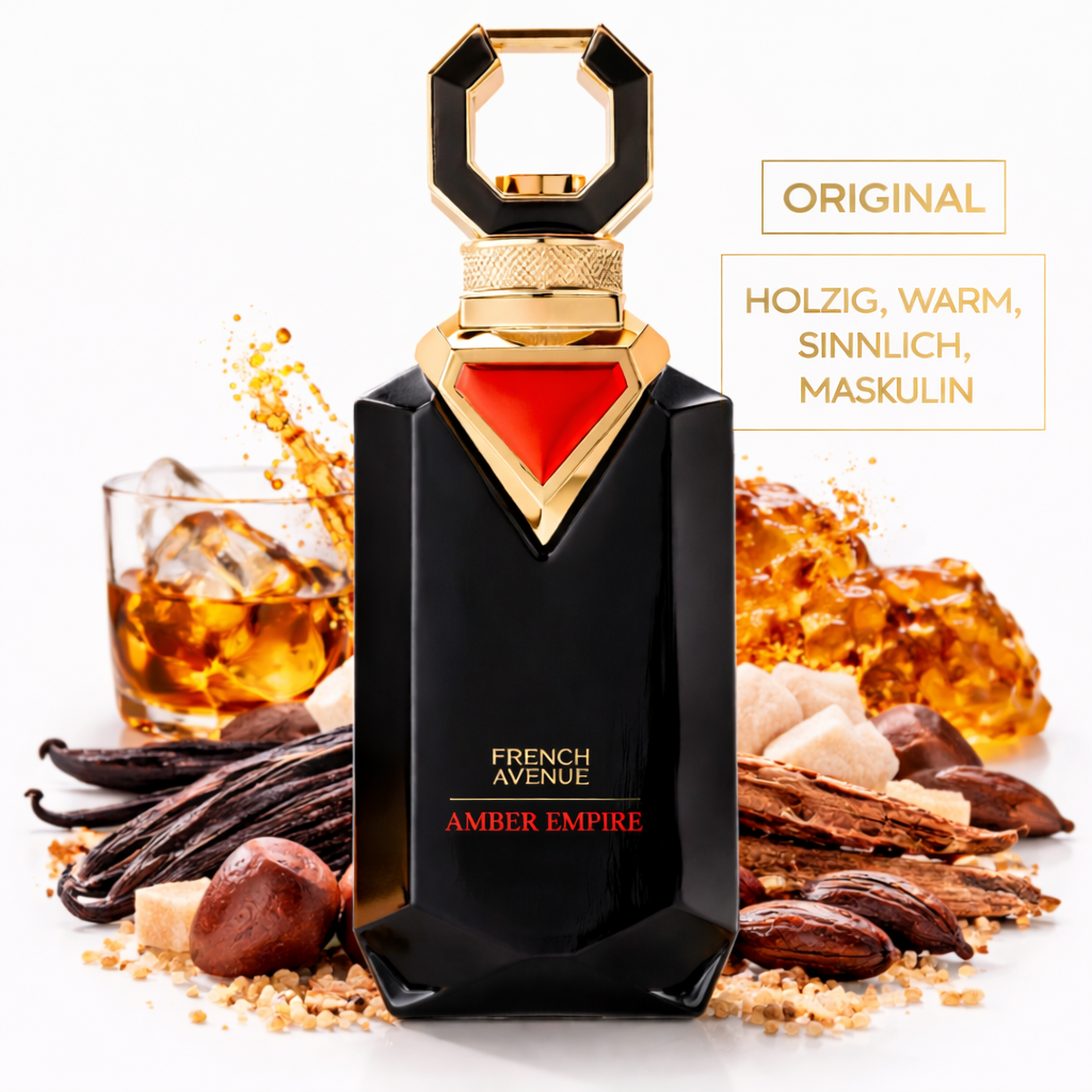 Schwarzer, luxuriöser Parfumflakon „Amber Empire“ von French Avenue mit goldenen Details und rotem Dreieck-Element, umgeben von Vanilleschoten, Gewürzen, Amberharz und einem Glas mit Whisky – dargestellt als warmer, holziger und maskuliner Duft.