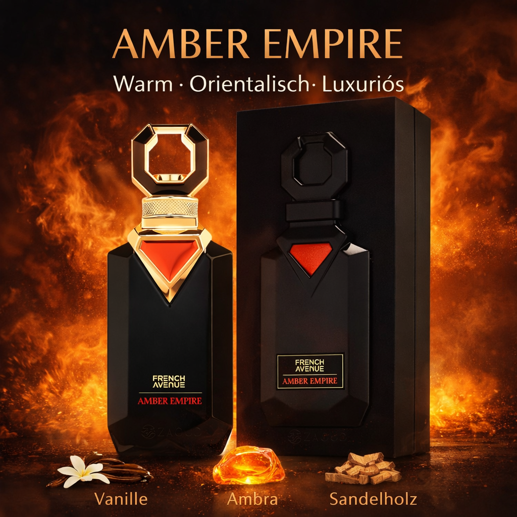 Schwarzer Luxus-Parfumflakon „Amber Empire“ von French Avenue mit goldener Verschlusskappe und rotem Dreieck-Detail, daneben die passende schwarze Verpackung. Im Hintergrund lodern Flammen, vorne sind Vanilleblüte, Amberharz und Sandelholz abgebildet – orientalisch-warmer Duftcharakter.