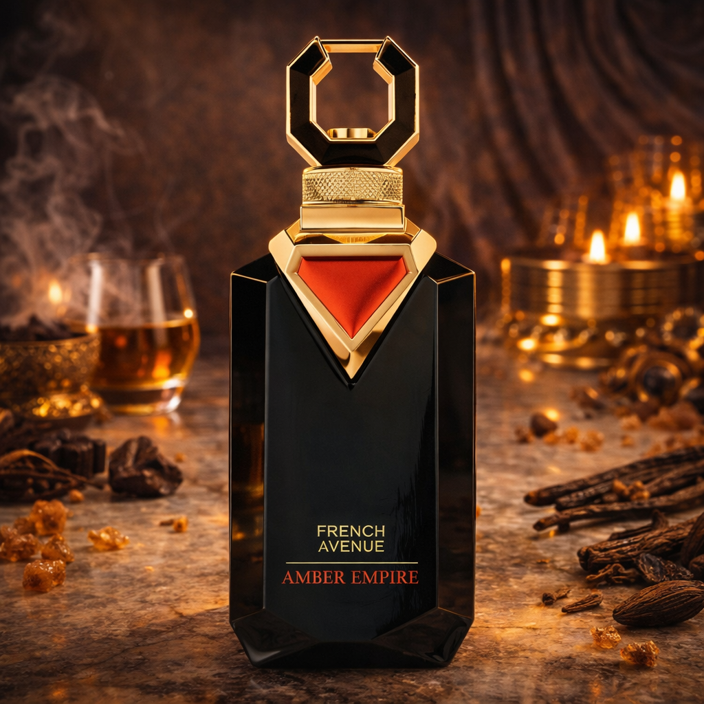 Schwarzer Parfumflakon „Amber Empire“ von French Avenue mit goldener, geometrischer Verschlusskappe und rotem Akzent auf der Vorderseite. Der Flakon steht auf einer dunklen Oberfläche, umgeben von Gewürzen, Harzstücken und einem Glas mit bernsteinfarbenem Getränk; im Hintergrund sorgen Kerzenlicht und Rauch für eine warme, orientalische Atmosphäre.