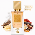 Lattafa Ana Abiyedh Poudrée Eau de Parfum in elegantem Glasflakon mit goldener Verschlusskappe und Ornament-Label, umgeben von Vanilleschoten, Safran, weißen Blüten, Hölzern und süßen Noten; Schriftzug „Original Pudrig“ hebt den pudrig-orientalischen Duftcharakter hervor.