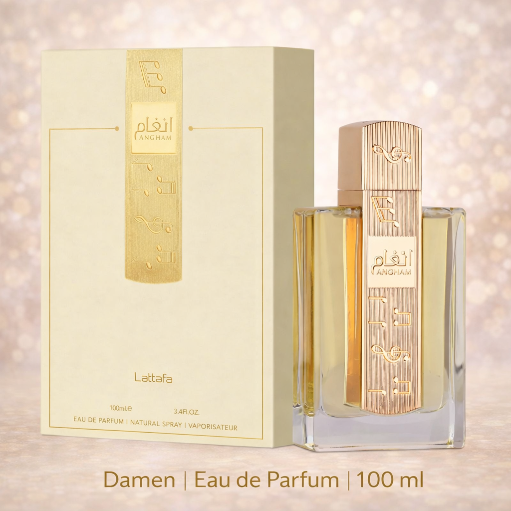 Luxuriöses Damenparfum „Angham“ von Lattafa als Eau de Parfum (100 ml) mit rechteckigem Glasflakon und goldener, vertikal geriffelter Metallapplikation, präsentiert neben einer cremefarbenen Verpackung mit goldenen Details vor einem warm schimmernden Hintergrund.