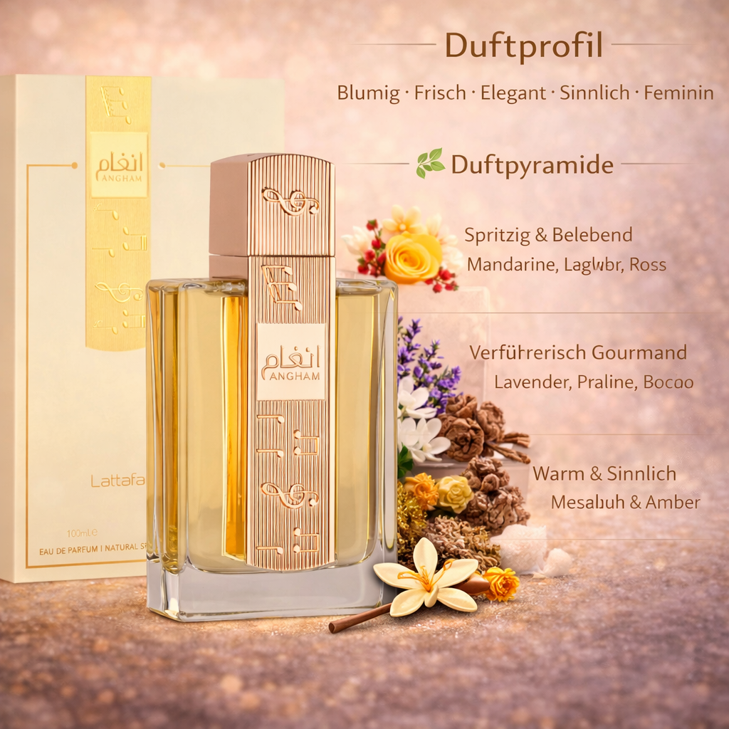 Lattafa „Angham“ Eau de Parfum für Damen mit Duftprofil-Grafik: eleganter Glasflakon mit roségoldener Front und passender Verpackung, umgeben von Blumen und Gewürzen; Duftbeschreibung mit blumig-frischen, gourmandigen und warm-sinnlichen Noten wie Mandarine, Lavendel, Praline, Kakao, Amber und Moschus.