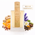 Elegantes Damenparfum in rechteckigem Glasflakon mit goldener, vertikal geriffelter Metallverzierung und hellem Duftinhalt, präsentiert vor frischen Duftnoten wie Mandarine, Ingwer, Lavendel, weißer Blüte, Vanille und Gewürzen; daneben der Schriftzug „Bester Damenduft“.