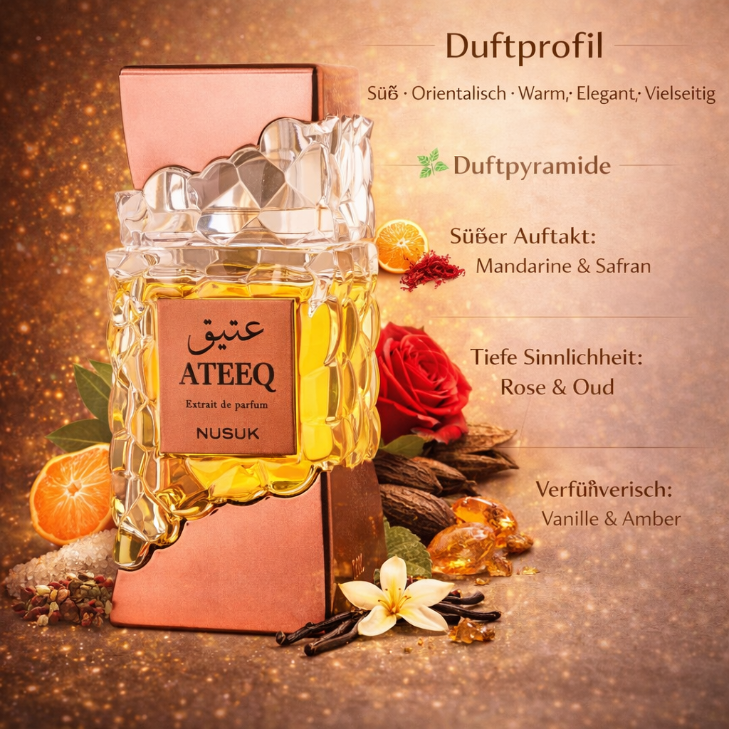 Duftprofil-Grafik für ATEEQ Extrait de Parfum von NUSUK mit goldenem Flakon vor warmem, funkelndem Hintergrund. Darstellung der Duftpyramide: Mandarine & Safran (Kopfnote), Rose & Oud (Herznote) sowie Vanille & Amber (Basisnote), umgeben von passenden Duftnoten wie Orange, Rose, Vanilleblüte und Gewürzen.
