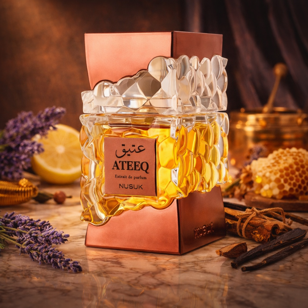 ATEEQ Extrait de Parfum von NUSUK (100 ml) in kupferfarbenem Flakon mit strukturierter Glasapplikation und goldener Duftflüssigkeit, inszeniert vor warmem Hintergrund mit Honigwabe, Zimtstangen, Vanilleschoten, Lavendel und Zitronenscheibe.