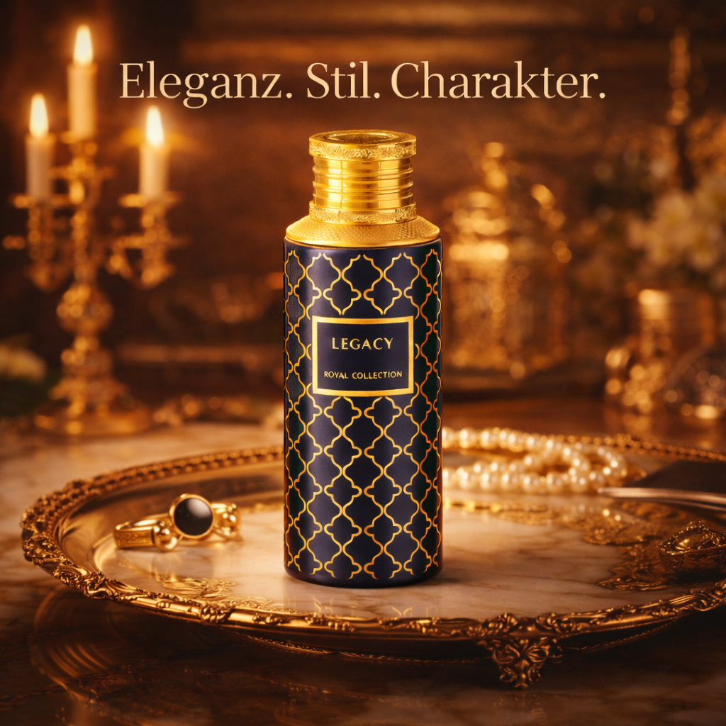 Maison Asrar Legacy Eau de Parfum 100 ml, orientalisch-blumiger Unisex-Duft, Flakon und Verpackung in Blau und Gold