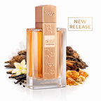 Eleganter Parfumflakon „ANGHAM – Second Song“ aus klarem Glas mit warmem, gold-bernsteinfarbenem Duftinhalt und roségoldenem, geriffelten Verschluss; auf dem Flakon arabische und englische Beschriftung. Im Hintergrund liegen Vanilleschoten, Zimtstangen, Harzstücke und eine weiße Vanilleblüte; rechts daneben steht „New Release“ auf hellem Hintergrund.