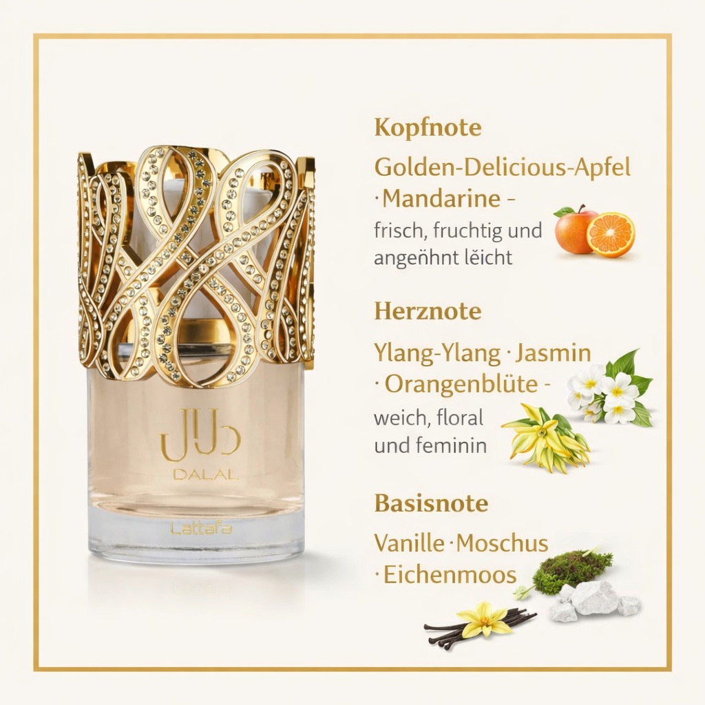 Lattafa Dalal Eau de Parfum 100 ml im eleganten Glasflakon mit goldverziertem Deckel, dargestellt mit Duftnoten-Übersicht: Kopfnote Apfel und Mandarine, Herznote Ylang-Ylang, Jasmin und Orangenblüte, Basisnote Vanille, Moschus und Eichenmoos.