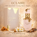 Eclaire Eau de Parfum von Lattafa mit roséfarbener Flasche und goldenen Akzenten neben passender Verpackung vor goldenem, funkelndem Hintergrund. Umgeben von Karamellstücken, weißen Blüten mit Honig, Vanilleschoten und Pralinen. Text im Bild: „Süß · Gourmand · Cremig · Warm · Elegant“ sowie Duftnoten „Karamell“, „Weiße Blüten & Honig“ und „Vanille & Praline“.