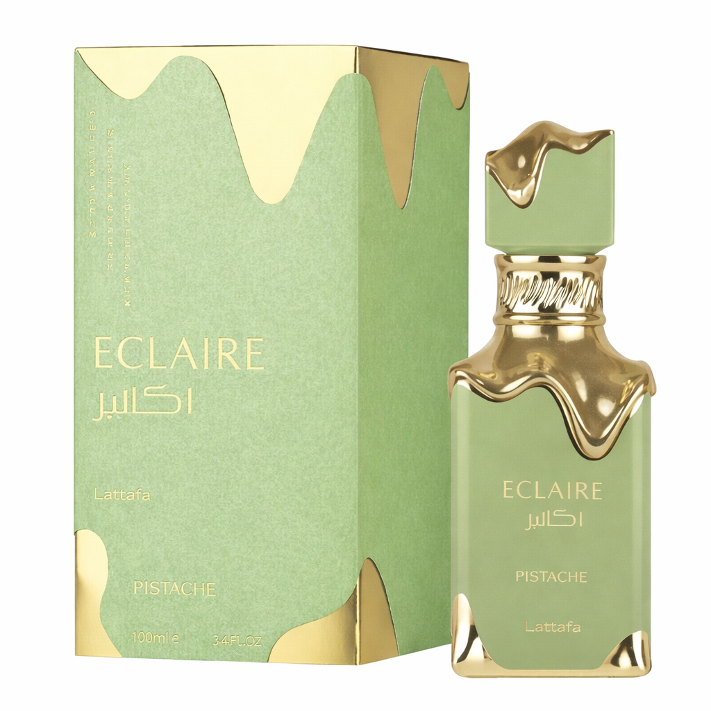 Lattafa Eclaire Pistache Eau de Parfum 100 ml – eleganter, pastellgrüner Flakon mit goldenen Akzenten und dekorativ verlaufender Goldoptik am Verschluss, präsentiert neben der passenden grün-goldenen Verpackung mit der Aufschrift „Eclaire“ und „Pistache“.