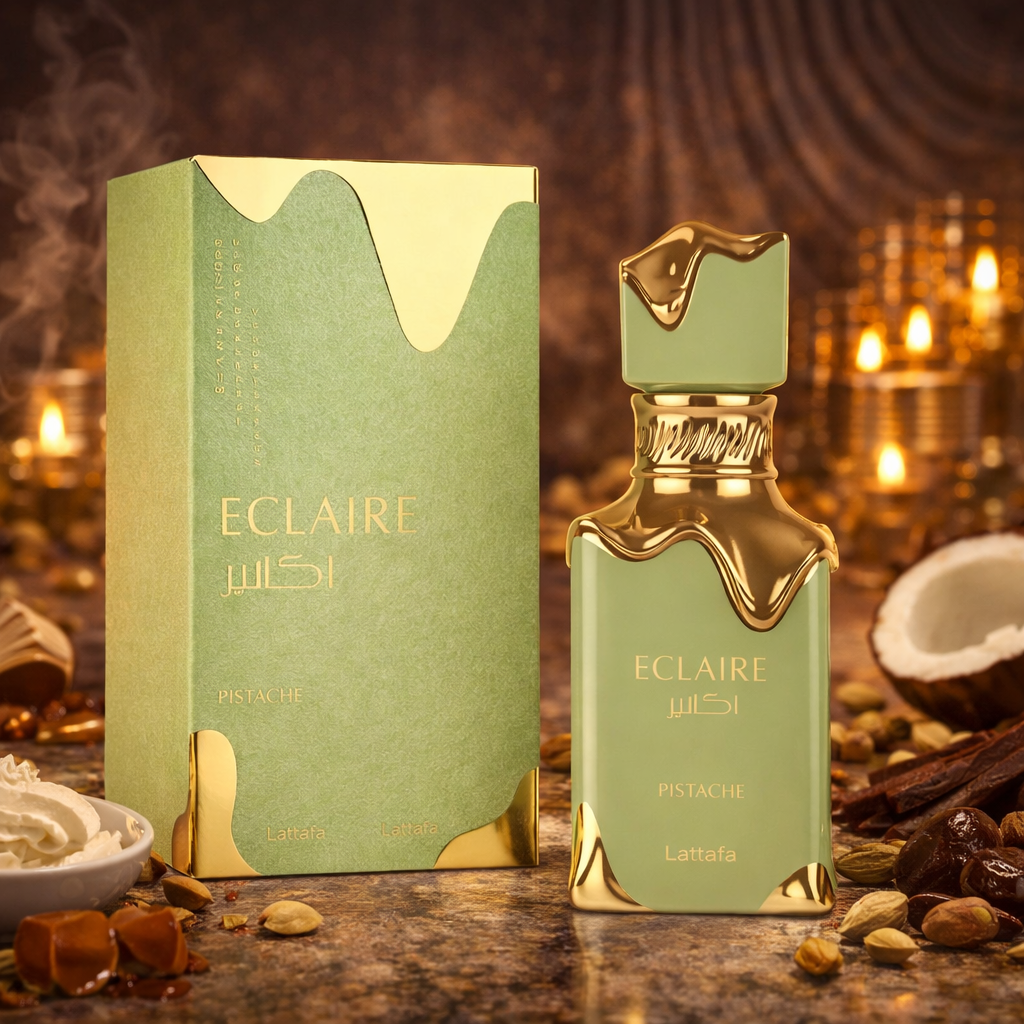 Lattafa Eclaire Pistache Eau de Parfum – pastellgrüner Flakon mit goldenen, geschmolzen wirkenden Details und passender grün-goldener Verpackung, inszeniert in warmem Licht mit Pistazien, Kokosnuss, Datteln und süßen Dessert-Elementen im Hintergrund.