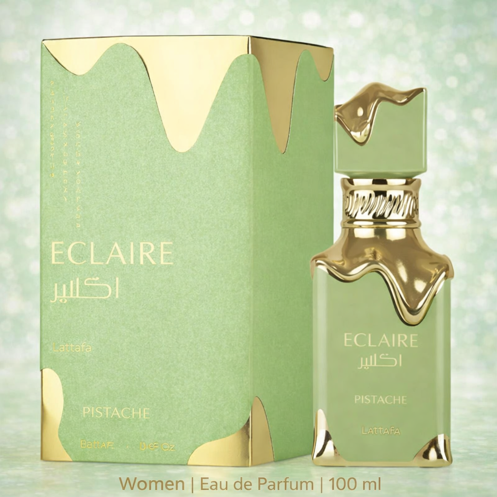 Lattafa Eclaire Pistache Eau de Parfum 100 ml für Damen – pastellgrüner Flakon mit goldenen, fließenden Akzenten neben passender grün-goldener Verpackung, präsentiert vor hellem, sanft schimmerndem Hintergrund.