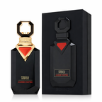 Schwarzer Parfumflakon „Amber Empire“ von French Avenue mit goldener Verschlusskappe und rotem Dreieck-Detail, daneben die passende schwarze Verpackung mit Markenlogo – maskulines Duftdesign in edler, moderner Optik.