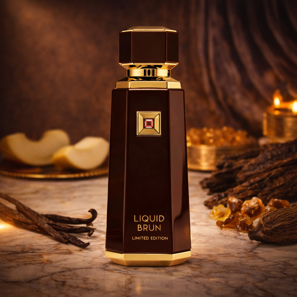 Luxuriöses „Liquid Brun – Limited Edition“ Extrait de Parfum im dunkelbraunen Glasflakon mit goldenen Details, inszeniert vor warmem Hintergrund mit Oud-Holz, Amber, Vanilleblüte und Gewürzen; Duftprofil süß, orientalisch und warm.
