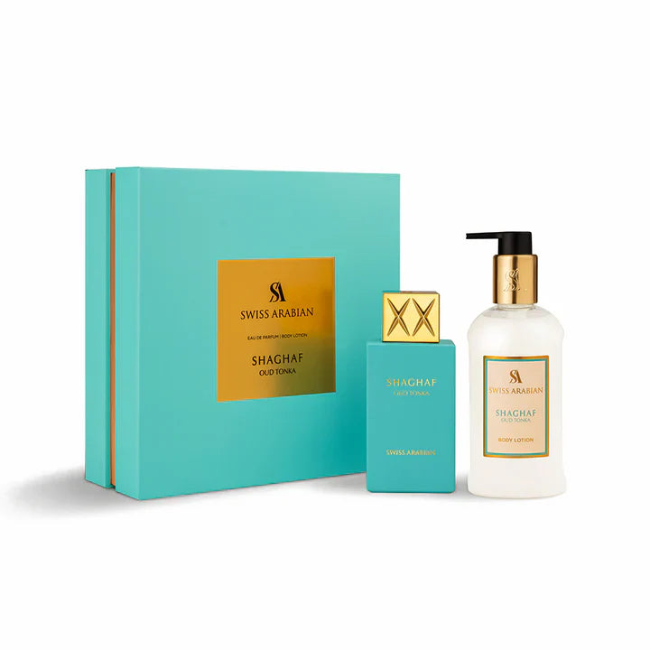 Swiss Arabian Shaghaf Oud Tonka Set | Shaghaf Oud Ahmar Set – Eau de Parfum & Body Lotion Set | Gourmand Amber Duft