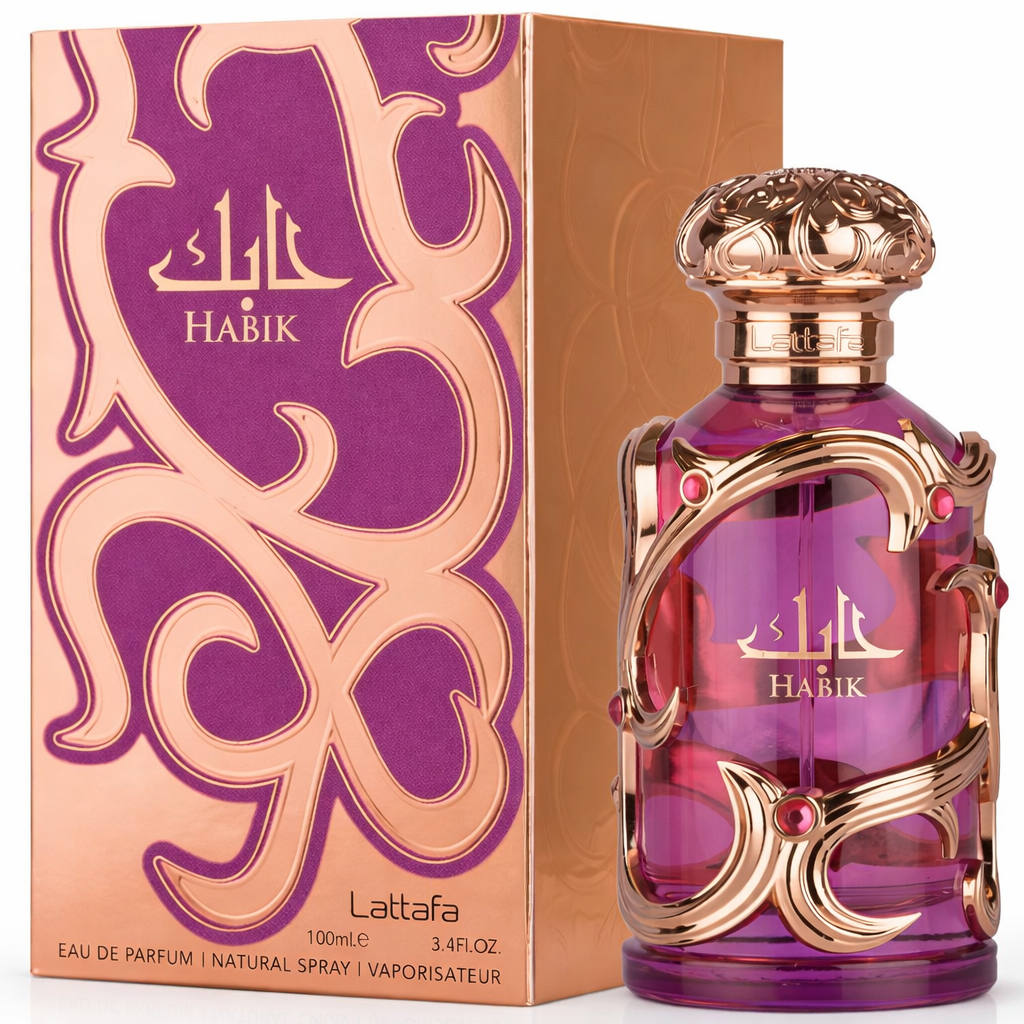 Lattafa Habik Eau de Parfum 100 ml mit violettem Glasflakon und goldverzierten Ornamenten sowie passender rosa-goldener Verpackung mit violettem Muster; eleganter Damen­duft in luxuriösem Design.
