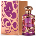 Lattafa Habik Eau de Parfum 100 ml mit violettem Glasflakon und goldverzierten Ornamenten sowie passender rosa-goldener Verpackung mit violettem Muster; eleganter Damen­duft in luxuriösem Design.