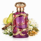 Lattafa „Habik“ Eau de Parfum in violettem Glasflakon mit goldverziertem Rahmen und ornamentalem Verschluss, umgeben von Birne, Zitrone, weißen Blüten, Holzstücken und Harz auf hellem Hintergrund.