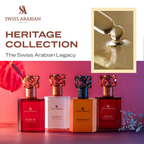 Werbebild der Swiss Arabian Heritage Collection mit vier Parfumflakons (Rose 01, Musk 07, Incense 01, Oud 07) vor farbigem Hintergrund, darüber der Schriftzug „Heritage Collection – The Swiss Arabian Legacy“ sowie ein Detailbild von goldenem Duftöl.