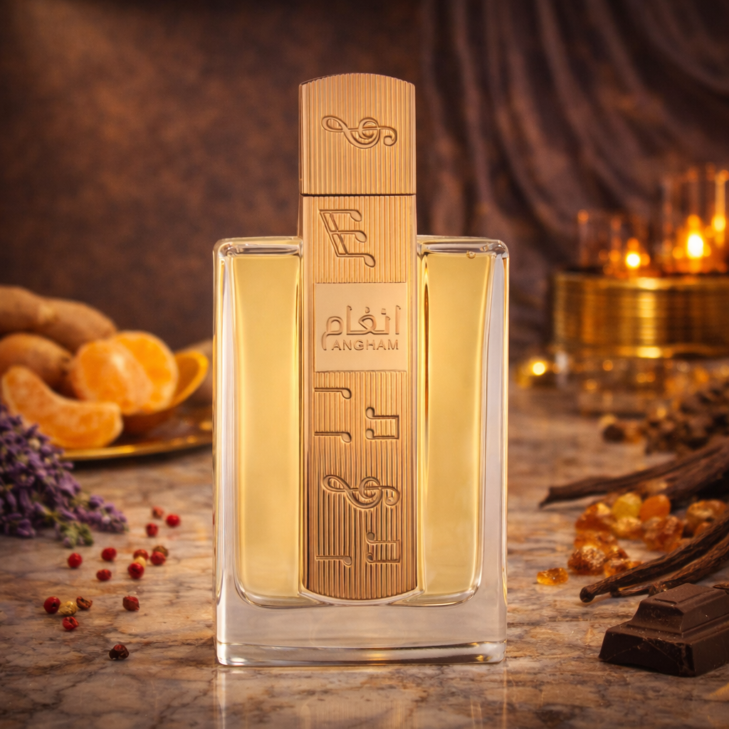 Damenparfum „Angham“ von Lattafa als Eau de Parfum im eleganten Glasflakon mit goldfarbener, strukturierter Metallplatte, inszeniert auf einer warmen, stimmungsvollen Kulisse mit Mandarinen, Lavendel, Gewürzen, Vanilleschoten und Schokolade im Hintergrund.