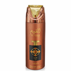 Lattafa „Al Qiam Gold“ Parfüm-Deospray (200 ml) in kupferfarbener, metallisch glänzender Spraydose mit goldener Kappe und schwarzem Etikett mit gold-orientalischem Emblem, freigestellt vor weißem Hintergrund.