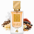 Lattafa Ana Abiyedh Poudrée Eau de Parfum in transparentem Glasflakon mit goldener, quadratischer Kappe und goldener Ornamentplatte, arrangiert mit Safran, Vanille, Gewürzen und weißer Blüte – warmer, pudrig-orientalischer Duft.