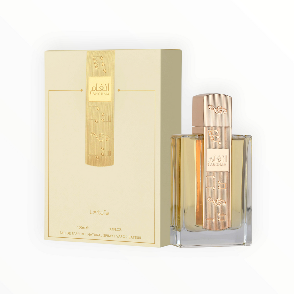 Damenparfum „Angham“ von Lattafa als Eau de Parfum (100 ml) mit elegantem, rechteckigem Glasflakon und roségoldener Metallapplikation auf der Vorderseite, präsentiert neben einer cremefarbenen Verpackung mit goldenen Details auf hellem Hintergrund.