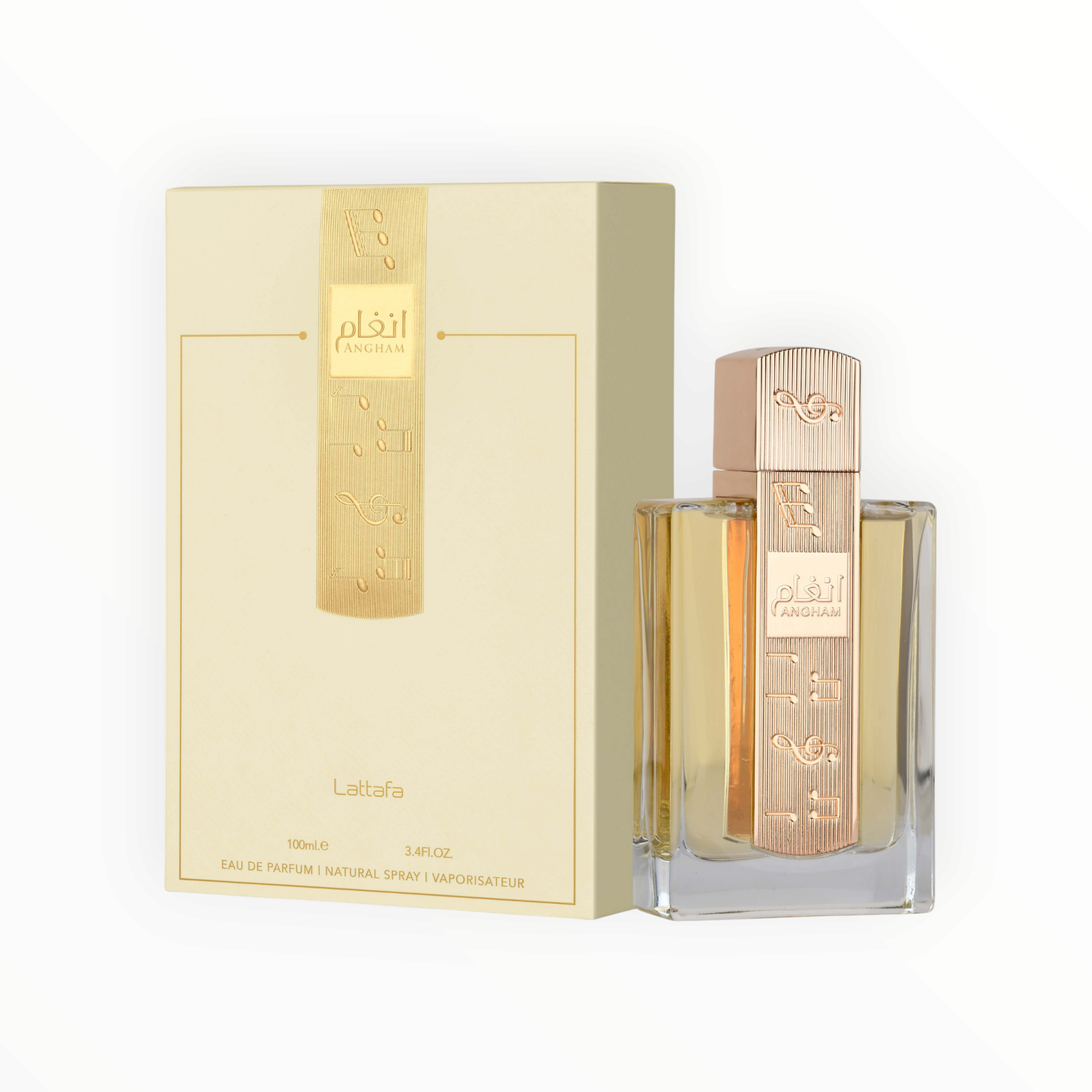 Damenparfum „Angham“ von Lattafa als Eau de Parfum (100 ml) mit elegantem, rechteckigem Glasflakon und roségoldener Metallapplikation auf der Vorderseite, präsentiert neben einer cremefarbenen Verpackung mit goldenen Details auf hellem Hintergrund.