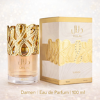 Lattafa Dalal Eau de Parfum für Damen 100 ml mit passender Verpackung, eleganter Glasflakon mit kunstvoll verziertem goldfarbenem Deckel neben edler creme-goldener Box vor hellem Hintergrund.