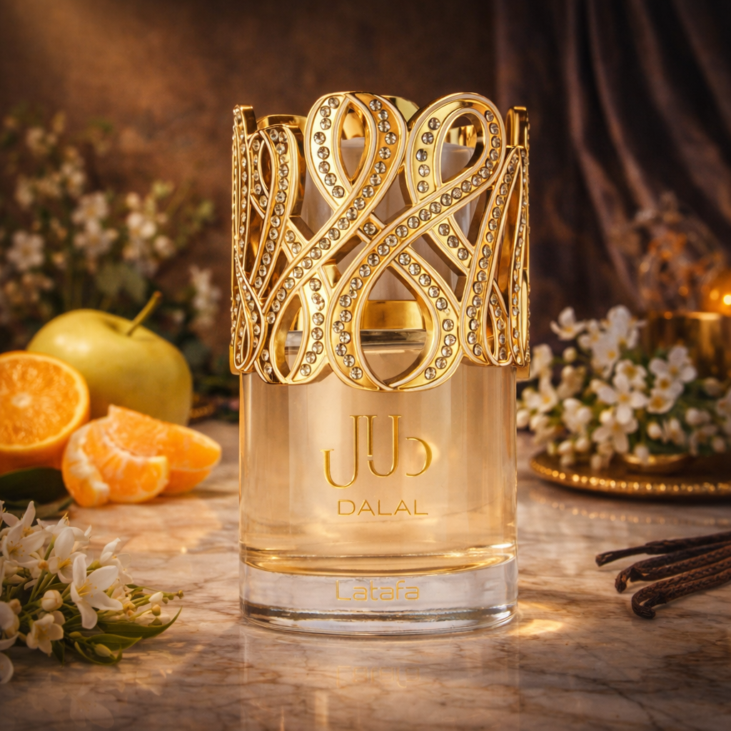 Lattafa Dalal Eau de Parfum 100 ml im eleganten Glasflakon mit kunstvoll verziertem goldfarbenem Deckel, inszeniert auf Marmortisch mit Apfel, Mandarine, weißen Blüten und Vanilleschoten vor warmem, stimmungsvollem Hintergrund.