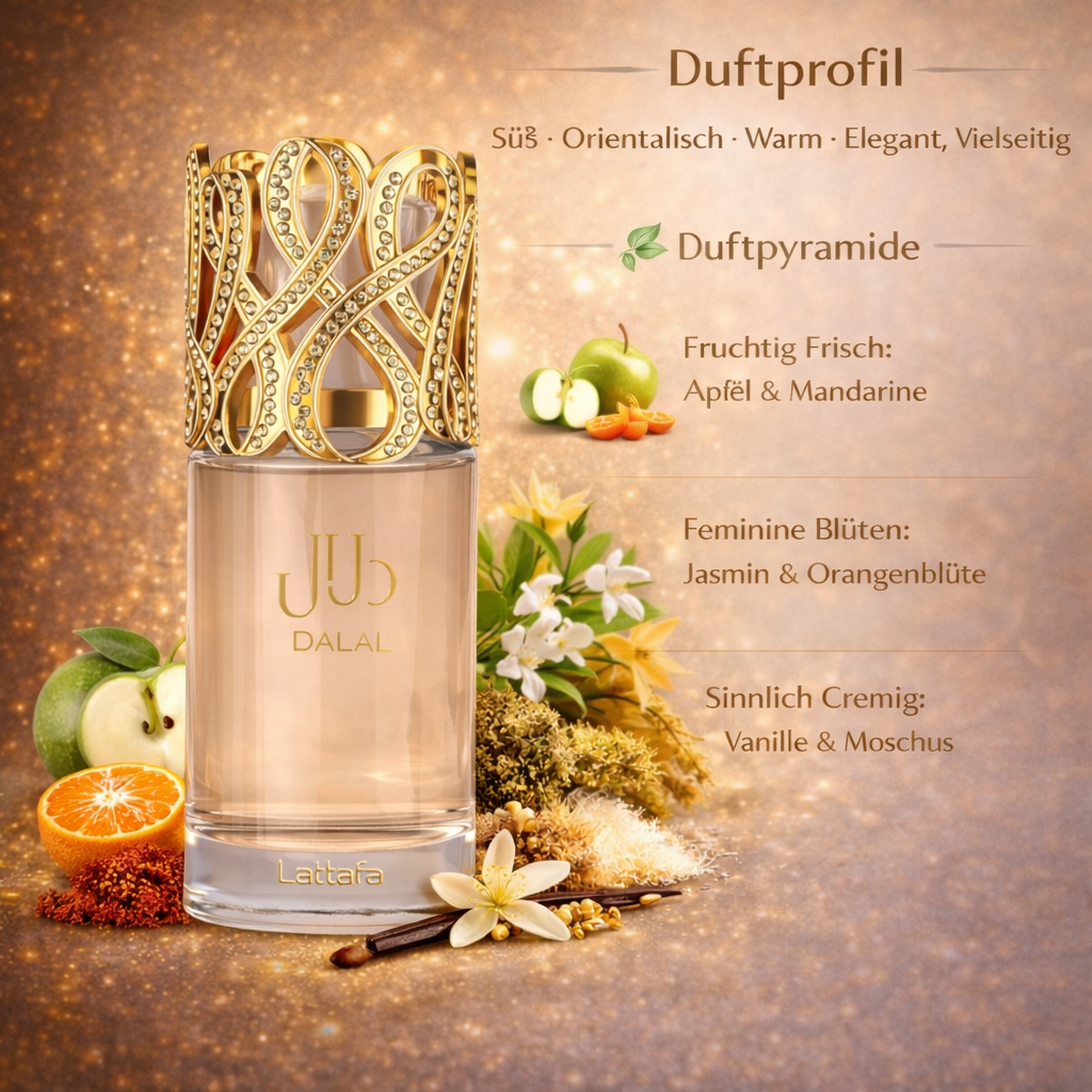 Lattafa Dalal Eau de Parfum 100 ml im edlen Glasflakon mit goldverziertem Deckel, dargestellt vor goldenem Hintergrund mit Apfel, Mandarine, Jasmin, Orangenblüte, Vanille und Moschus zur Illustration des süß-orientalischen Duftprofils.