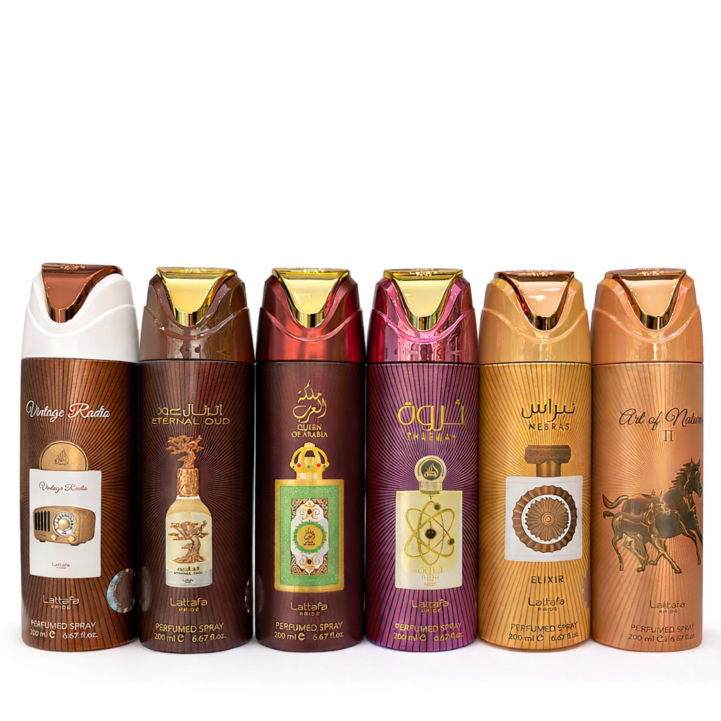 Acht Lattafa Parfüm-Deosprays (200 ml) in unterschiedlichen Designs und Farben, darunter Vintage Radio, Eternal Oud, Queen of Arabia, Yara, Nebras Elixir und Art of Nature II, nebeneinander vor weißem Hintergrund.