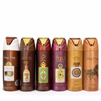Acht Lattafa Parfüm-Deosprays (200 ml) in unterschiedlichen Designs und Farben, darunter Vintage Radio, Eternal Oud, Queen of Arabia, Yara, Nebras Elixir und Art of Nature II, nebeneinander vor weißem Hintergrund.