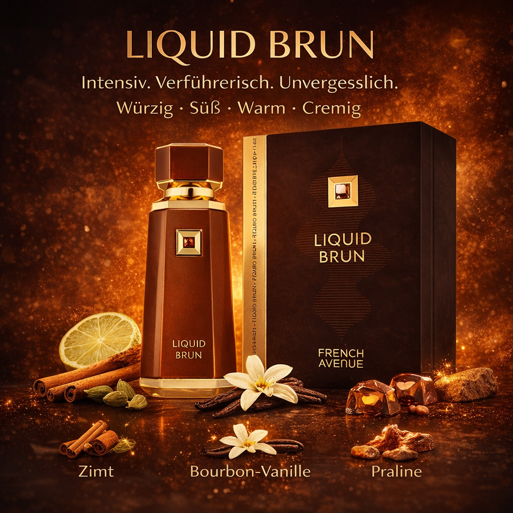 „Liquid Brun“ Eau de Parfum von French Avenue mit brauner, goldakzentuierter Flasche und passender Box vor leuchtend warmem Hintergrund. Umgeben von Zimtstangen, Zitronenscheibe, Vanilleblüten, Gewürzen und Pralinen; Duftnoten hervorgehoben: Zimt, Bourbon-Vanille und Praline.