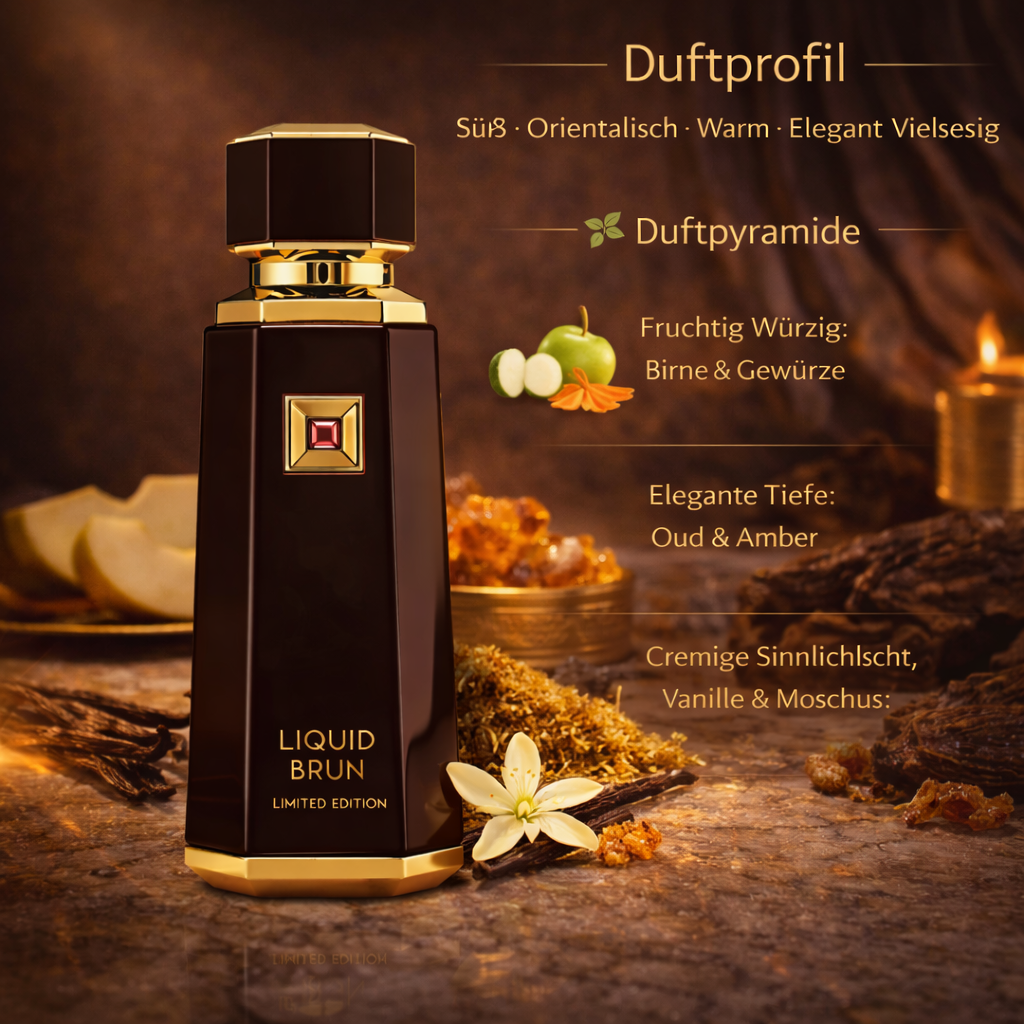 Parfum „Liquid Brun – Limited Edition“ in dunkelbraunem, goldverziertem Flakon vor warmem Hintergrund mit Duftprofil-Angaben; dargestellt mit Birne, Gewürzen, Oud-Holz, Amber, Vanille und Moschus.