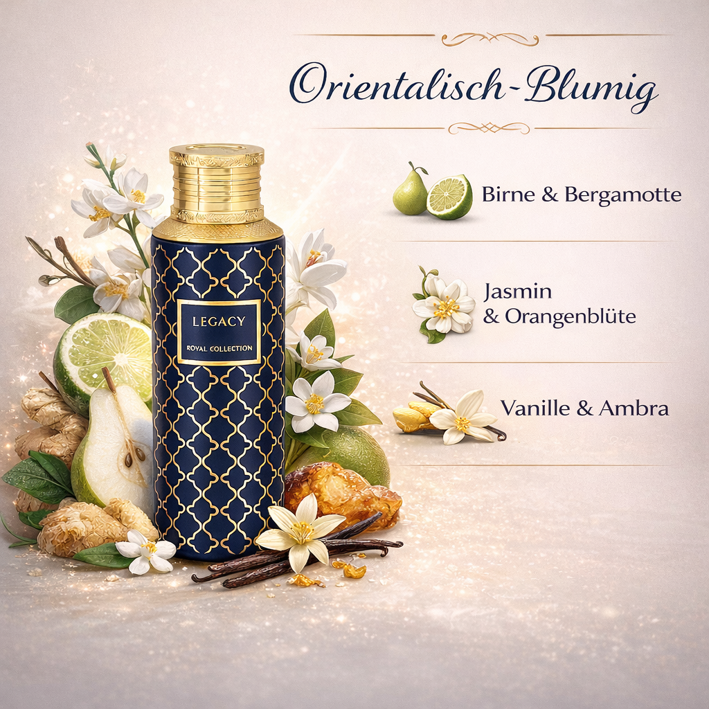 Maison Asrar Legacy Eau de Parfum 100 ml, orientalisch-blumiger Unisex-Duft, Flakon und Verpackung in Blau und Gold