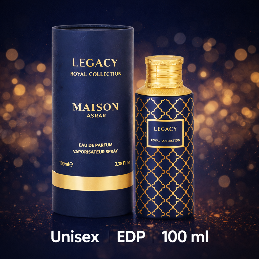 Maison Asrar Legacy Eau de Parfum 100 ml, orientalisch-blumiger Unisex-Duft, Flakon und Verpackung in Blau und Gold
