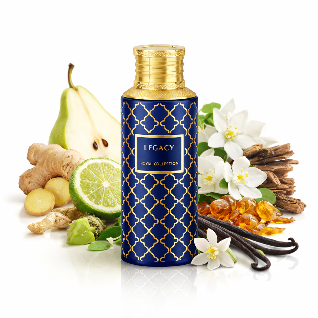 Maison Asrar Legacy Eau de Parfum 100 ml, orientalisch-blumiger Unisex-Duft, blauer Flakon mit goldenen Ornamenten und Verpackung