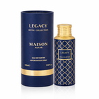 Maison Asrar Legacy Eau de Parfum 100 ml, orientalisch-blumiger Unisex-Duft, Flakon und Verpackung in Blau und Gold