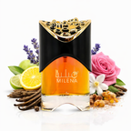 Milena Ard Al Zafaran Eau de Parfum, eleganter Duft im schwarz-goldenen Flakon mit bernsteinfarbener Flüssigkeit, inszeniert mit Zitrone, Limette, Lavendel, Rose, Vanille und Gewürzen auf hellem Hintergrund.