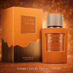 Molten Caramel Eau de Parfum 100 ml von Paris Corner – geriffelter, karamellfarbener Flakon mit silberner Kappe vor passender orange-brauner Verpackung, inszeniert auf warmem, goldbraunem Hintergrund; Unisex-Duft.