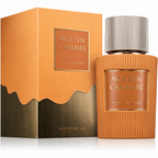 Molten Caramel Eau de Parfum von Paris Corner – karamellfarbener, geriffelter Flakon mit silberner Kappe neben passender orange-goldener Verpackung mit Wellen-Design, stilvoll auf hellem Hintergrund präsentiert.