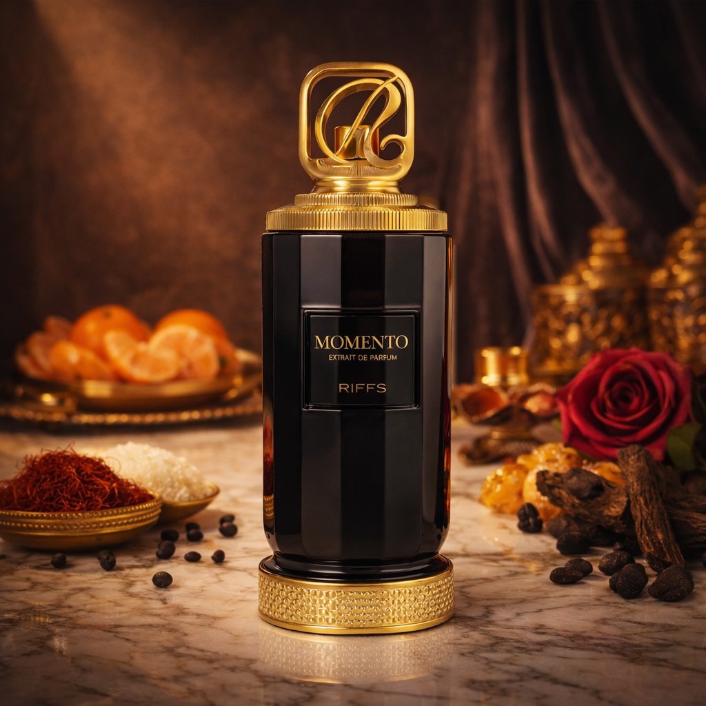 RiiFFS Momento Extrait de Parfum 100 ml im schwarzen Flakon mit goldener Kappe, inszeniert mit Mandarinen, Safran, Rose, Oud-Holz, Gewürzen und Amber vor warmem, orientalischem Hintergrund.
