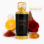 „Momento“ Extrait de Parfum von RiiFFS im schwarzen Flakon mit goldener Kappe, inszeniert mit Orange, Safran, Rose, Amber und Holz; gekennzeichnet als Bestseller.