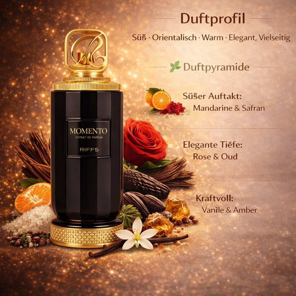 RiiFFS Momento Extrait de Parfum im schwarzen Flakon mit goldener Kappe vor goldenem Hintergrund; Duftprofil mit Mandarine, Safran, Rose, Oud, Vanille und Amber dargestellt.