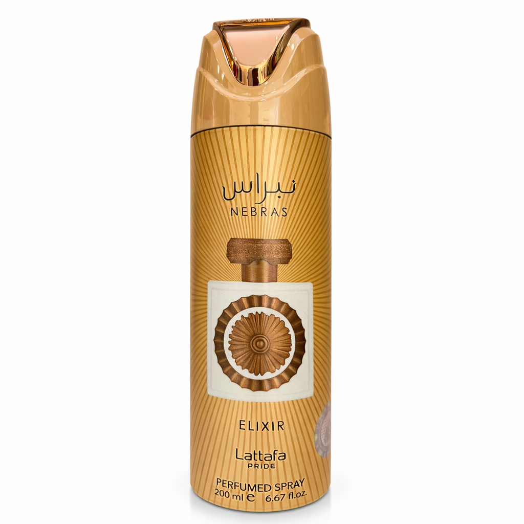 Lattafa Pride Nebras Elixir Parfüm-Deospray (200 ml) in goldfarbener Spraydose mit dekorativem Flakon-Motiv und arabischer Schrift, freigestellt vor weißem Hintergrund.