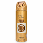 Lattafa Pride Nebras Elixir Parfüm-Deospray (200 ml) in goldfarbener Spraydose mit dekorativem Flakon-Motiv und arabischer Schrift, freigestellt vor weißem Hintergrund.