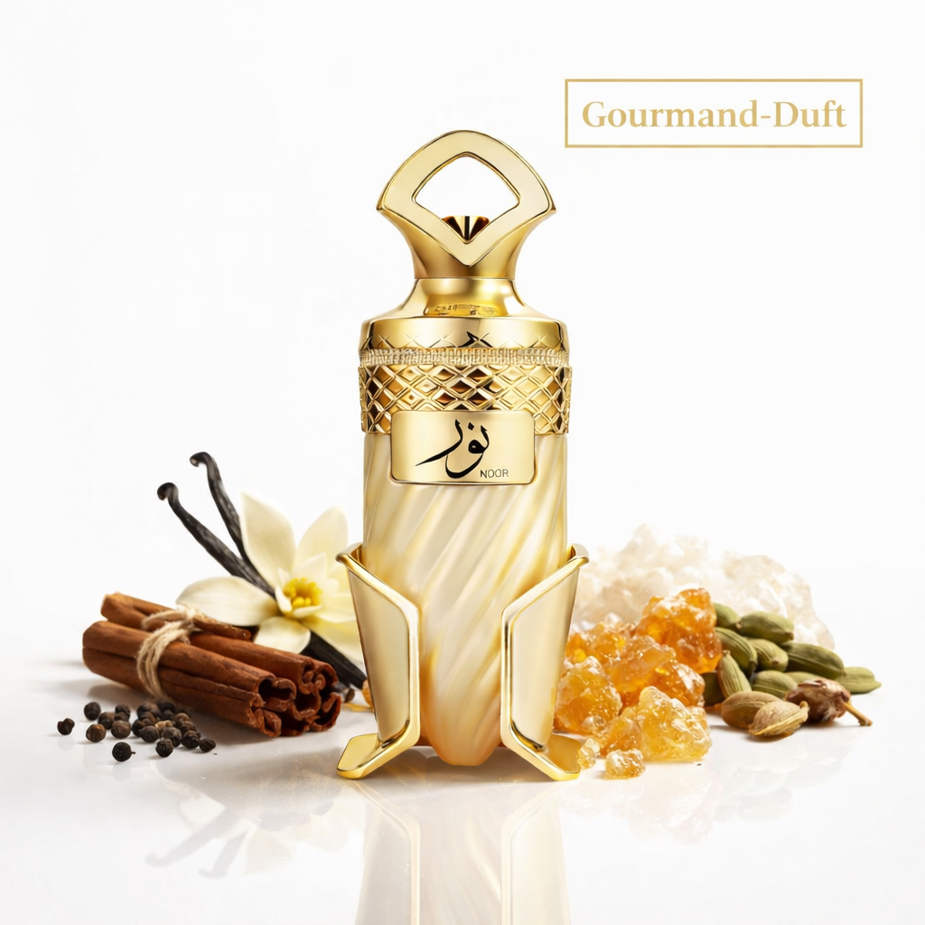Goldener Parfumflakon mit orientalischem Design und arabischer Aufschrift „Noor“, umgeben von Vanilleschoten, Zimtstangen, Kardamom, schwarzem Pfeffer und Harzstücken. Oben steht „Gourmand-Duft“. Das Bild betont warme, süße und würzige Duftnoten.
