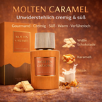 Molten Caramel Eau de Parfum von Paris Corner – karamellfarbener, geriffelter Flakon mit silberner Kappe vor passender Verpackung auf warmem Braunton; inszeniert mit weißer Schokolade, Karamellstücken und Milch als Duftnoten (gourmand, cremig, süß).