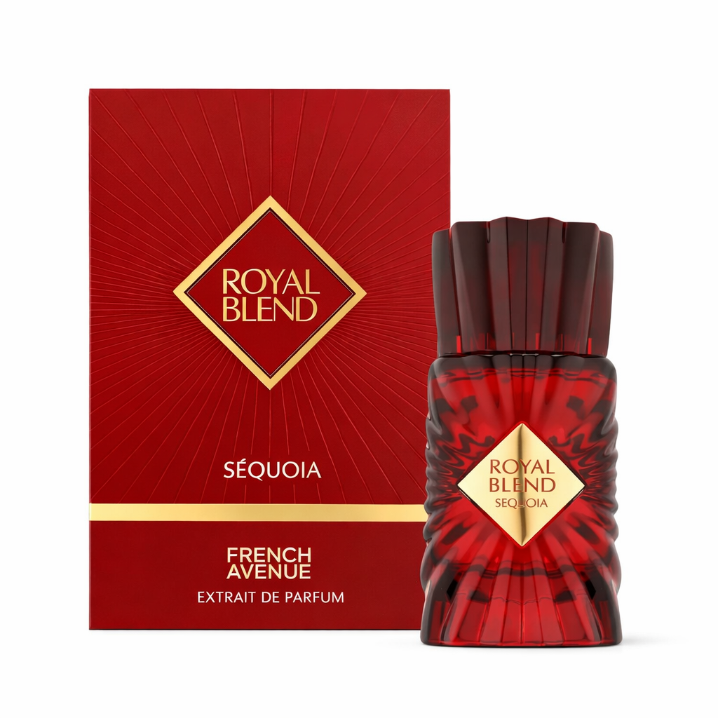 „Royal Blend Séquoia – French Avenue Extrait de Parfum“ mit roter, goldverzierter Verpackung und passendem tiefroten Glasflakon mit goldener Emblem-Plakette, freigestellt auf hellem Hintergrund – elegante, luxuriöse Produktdarstellung.